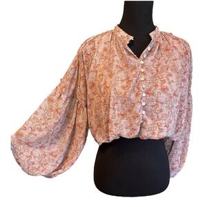 Lavender & Rust Paisley Lantern Sleeve, Button Up Cropped Chiffon Blouse, Small